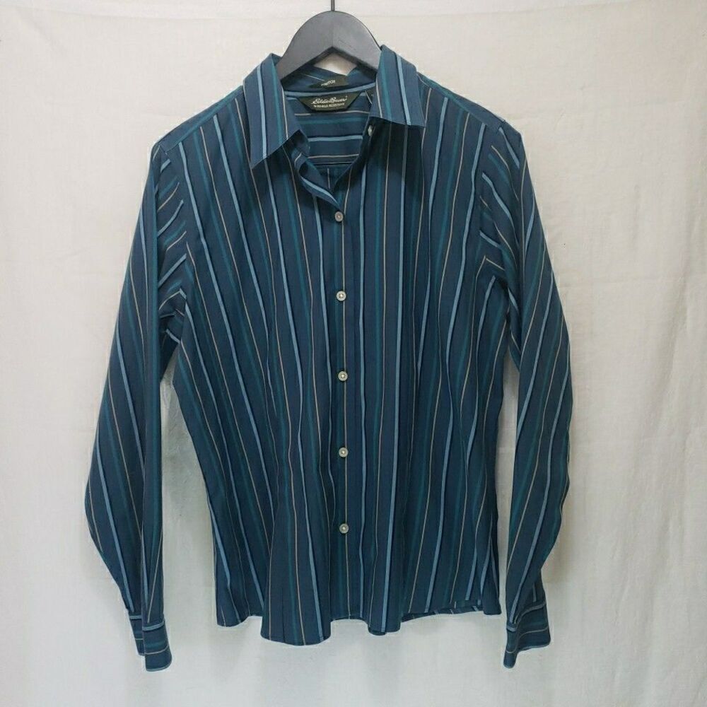 Eddie Bauer Stretch Button Up Dress Shirt Women's L Green Wrinkle Resistant